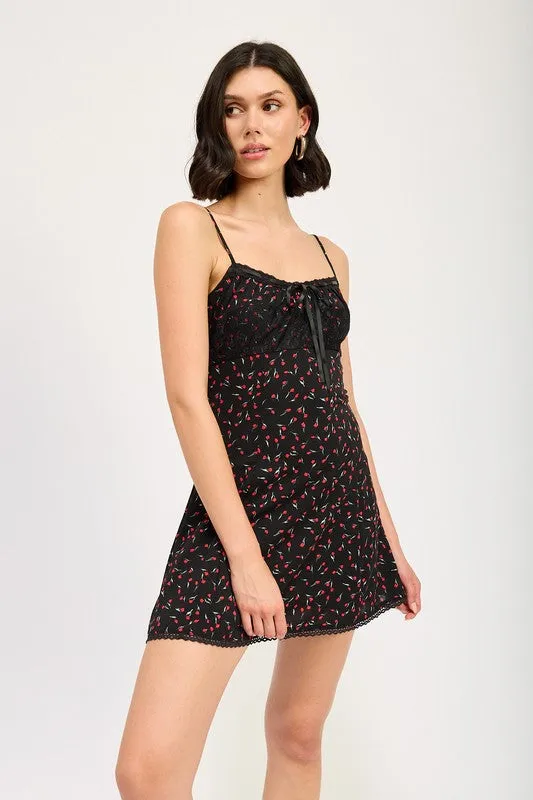 Hot Girl Blossom Lace Trim Floral Slip Mini Dress In Black