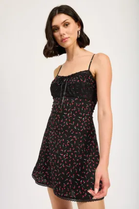 Hot Girl Blossom Lace Trim Floral Slip Mini Dress In Black