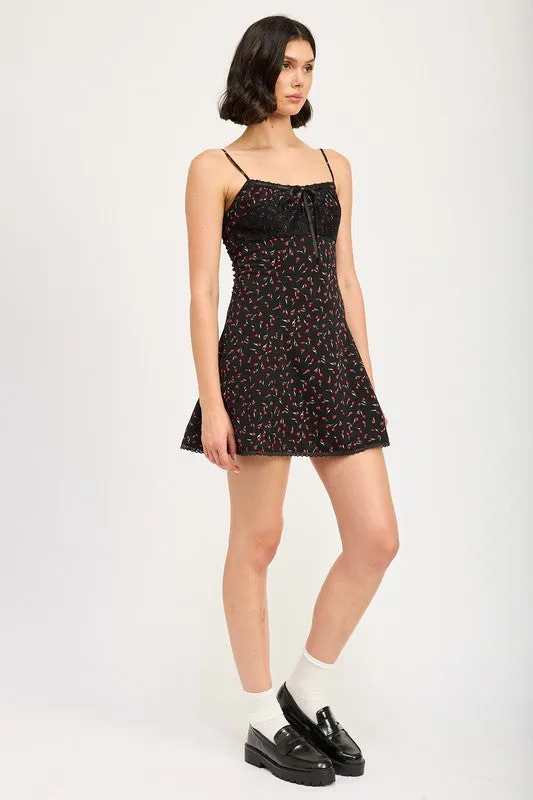 Hot Girl Blossom Lace Trim Floral Slip Mini Dress In Black