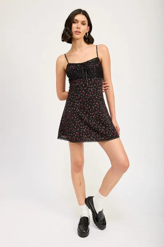 Hot Girl Blossom Lace Trim Floral Slip Mini Dress In Black