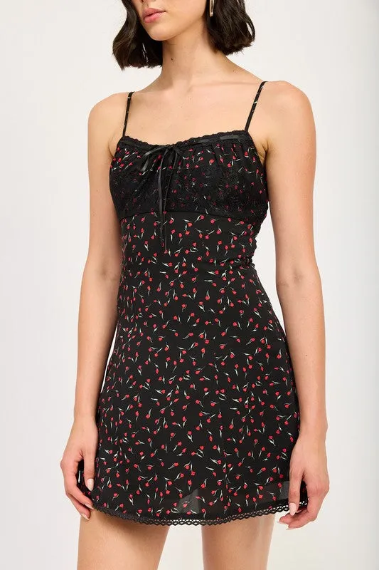 Hot Girl Blossom Lace Trim Floral Slip Mini Dress In Black