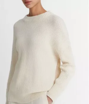 Ivory Cotton Cashmere Ribbed Funnel Neck