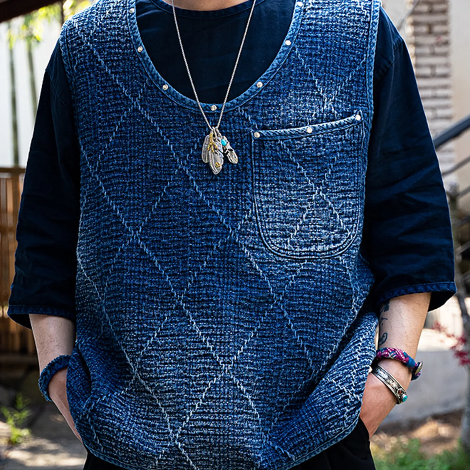 Japanese Retro Plant-dyed Indigo Sashiko Vest