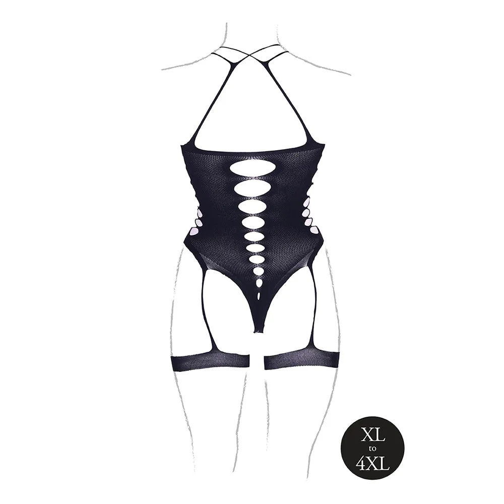 Le Desir Shade Metis XVI Bodysuit with Garters & Crossed Neckline Black Queen Size