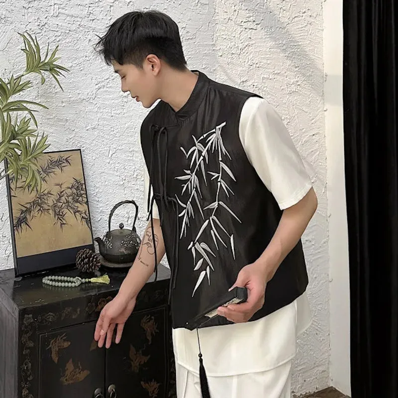 Leaf Embroidery Stand Collar Vest