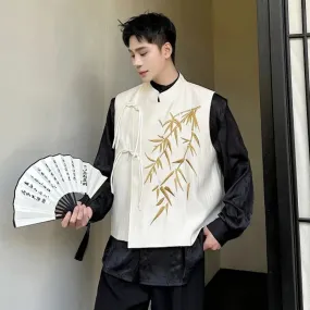 Leaf Embroidery Stand Collar Vest