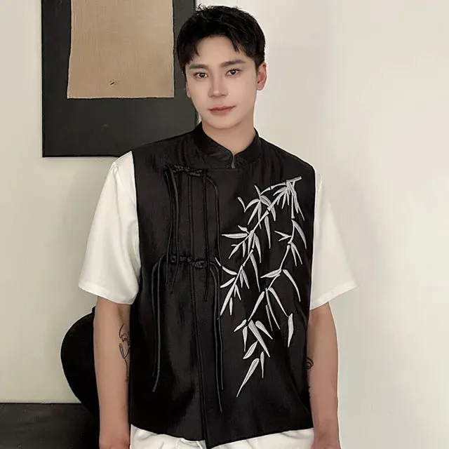 Leaf Embroidery Stand Collar Vest