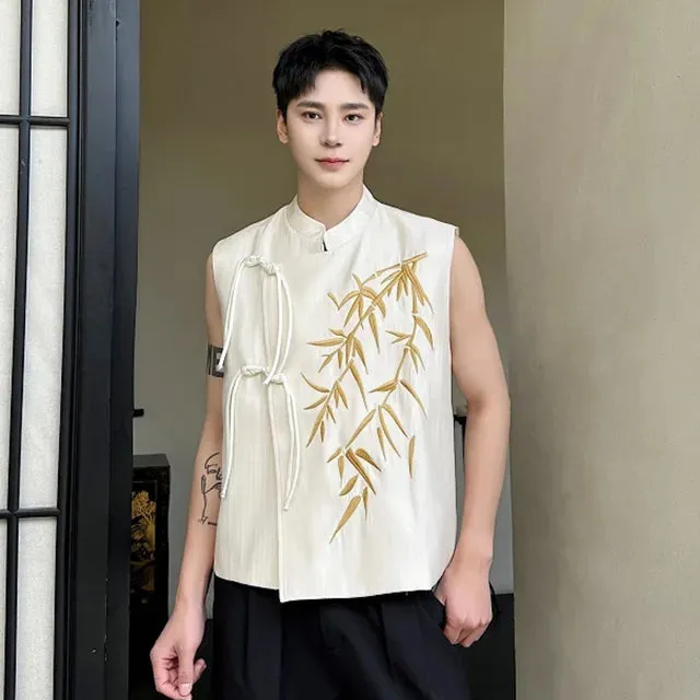 Leaf Embroidery Stand Collar Vest