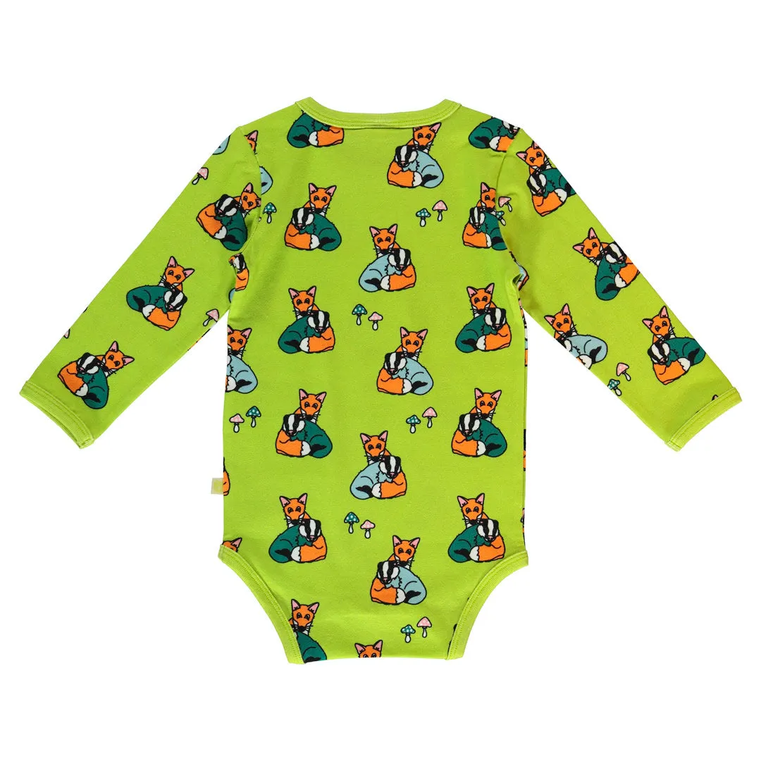 Long-sleeved baby body with badger cubs and fox cubs