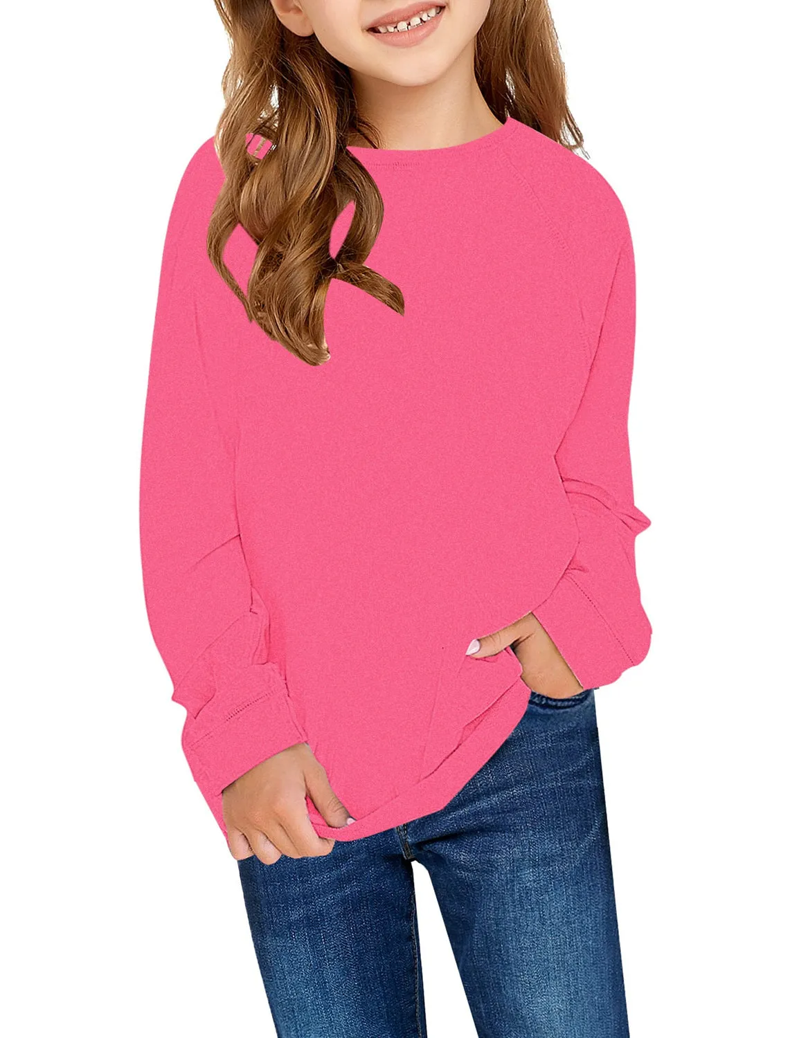 Magenta Plain Color Crew Neckline Pullover Girls' Top