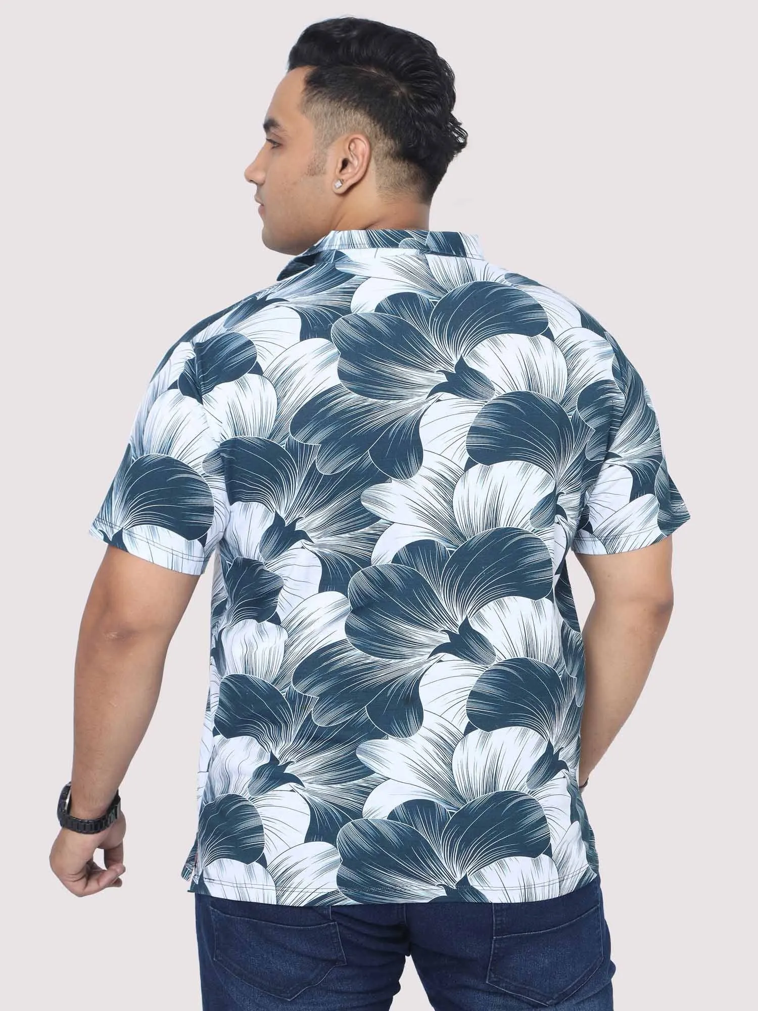 Men Plus Size Big Grey Flower Digital Printed Polo Collar T-shirt