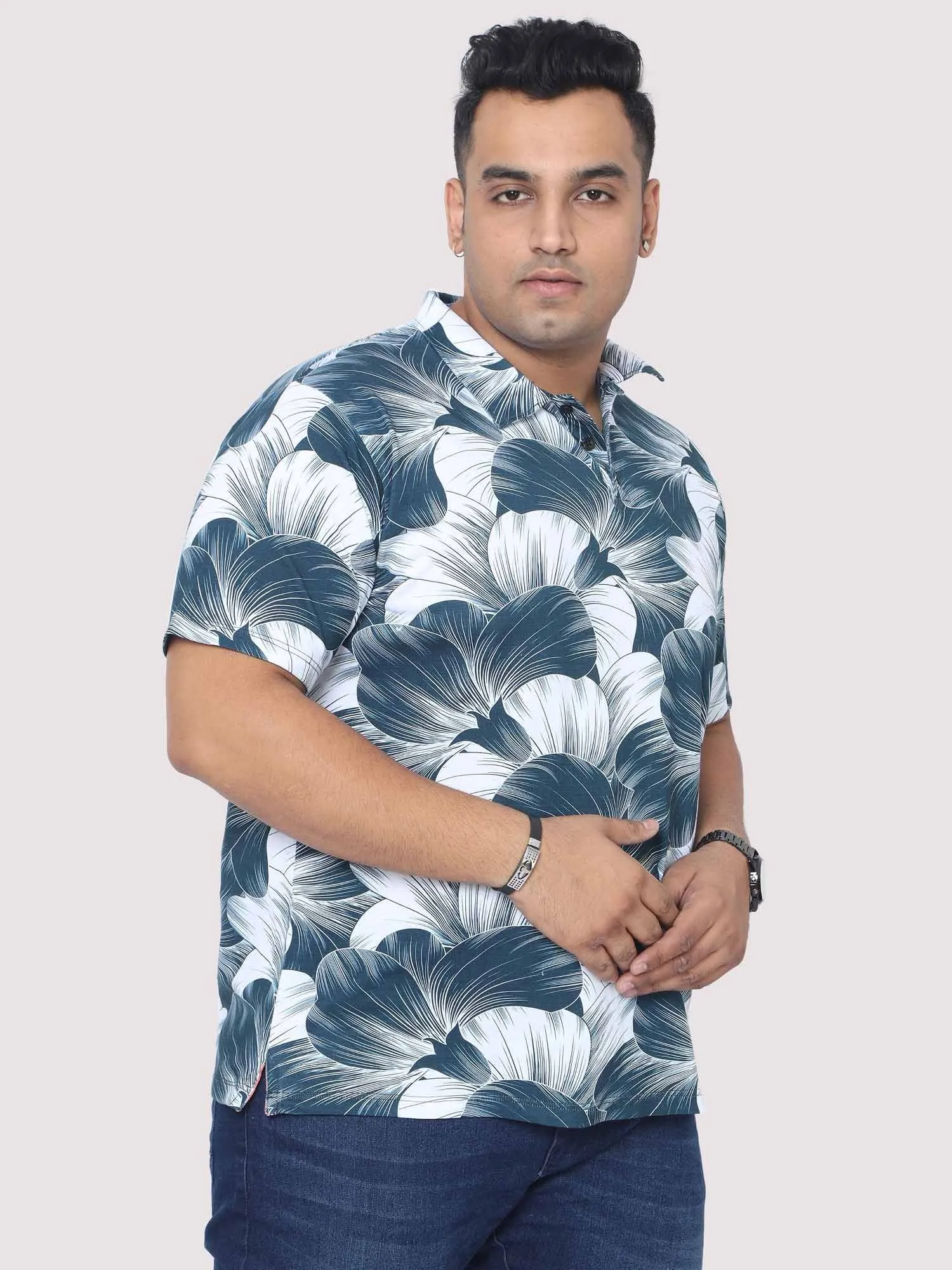 Men Plus Size Big Grey Flower Digital Printed Polo Collar T-shirt