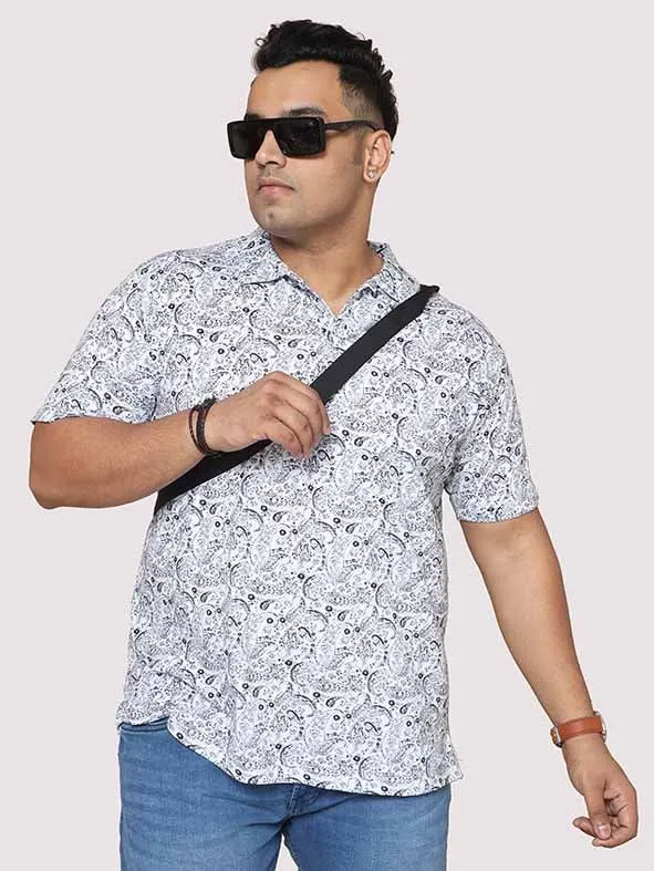 Men Plus Size Black Paisley Digital Printed Polo Collar T-shirt