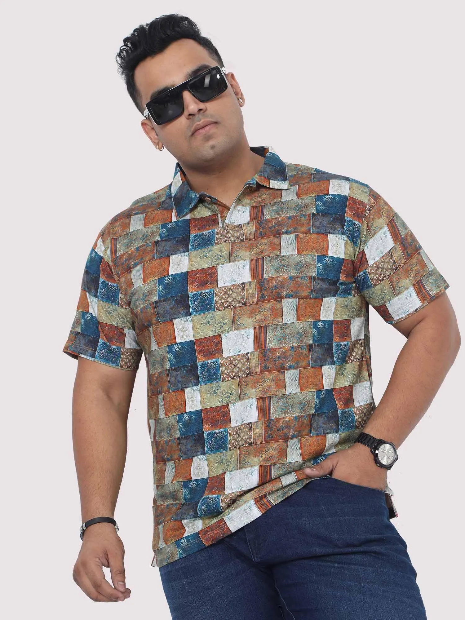 Men Plus Size Bricks Digital Printed Polo Collar T-shirt