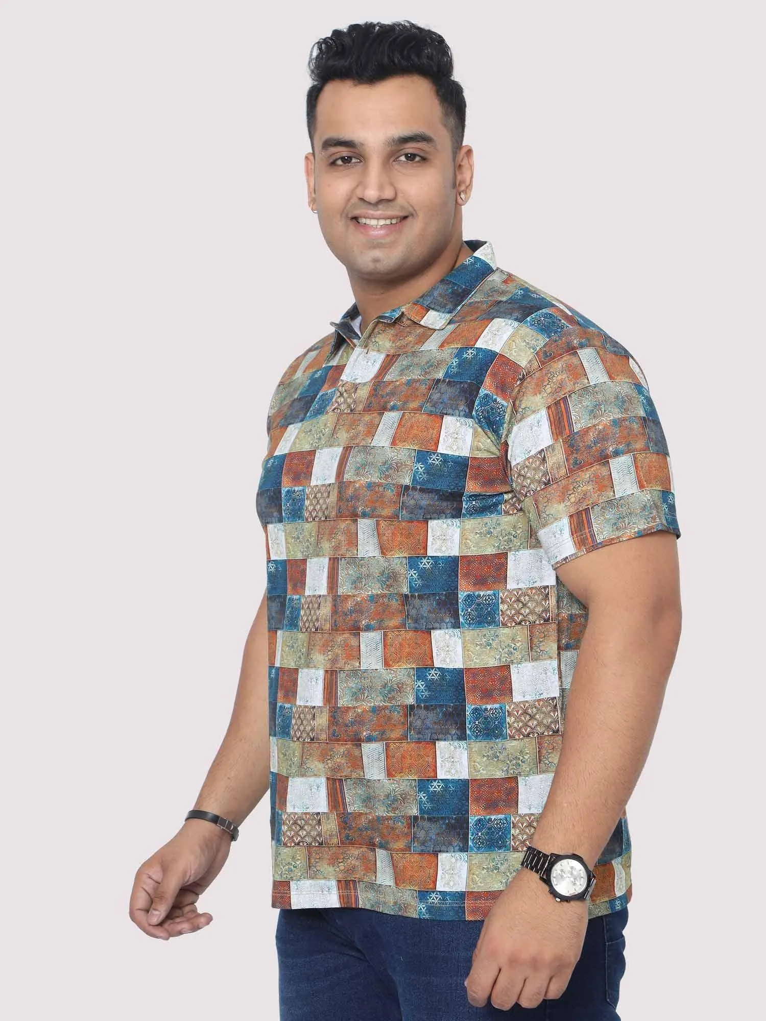 Men Plus Size Bricks Digital Printed Polo Collar T-shirt