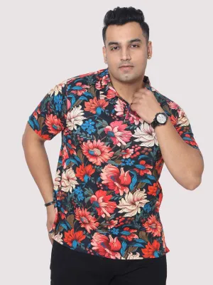 Men Plus Size Red Floral Digital Printed Polo Collar T-shirt