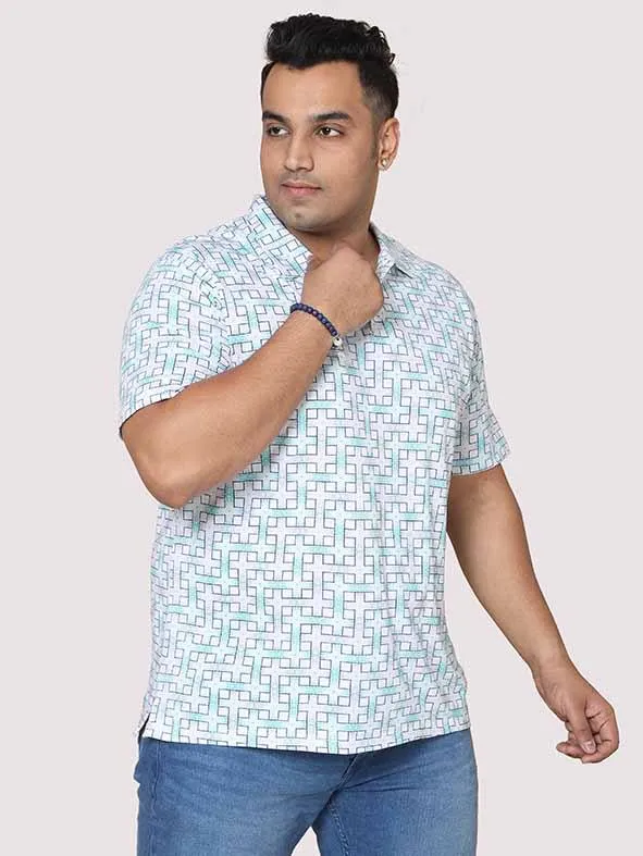 Men Plus Size  White Grey Connecting Checks  Digital Printed Polo Collar T-shirt