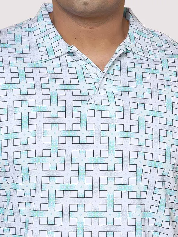 Men Plus Size  White Grey Connecting Checks  Digital Printed Polo Collar T-shirt