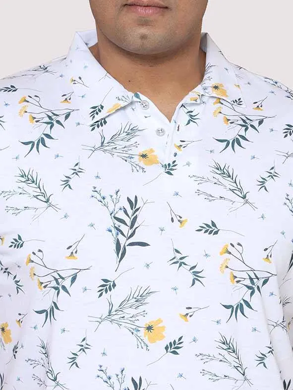 Men Plus Size Yellow Flower Digital Printed Polo Collar T-shirt