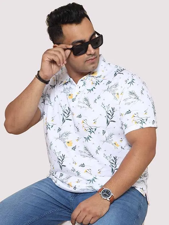 Men Plus Size Yellow Flower Digital Printed Polo Collar T-shirt