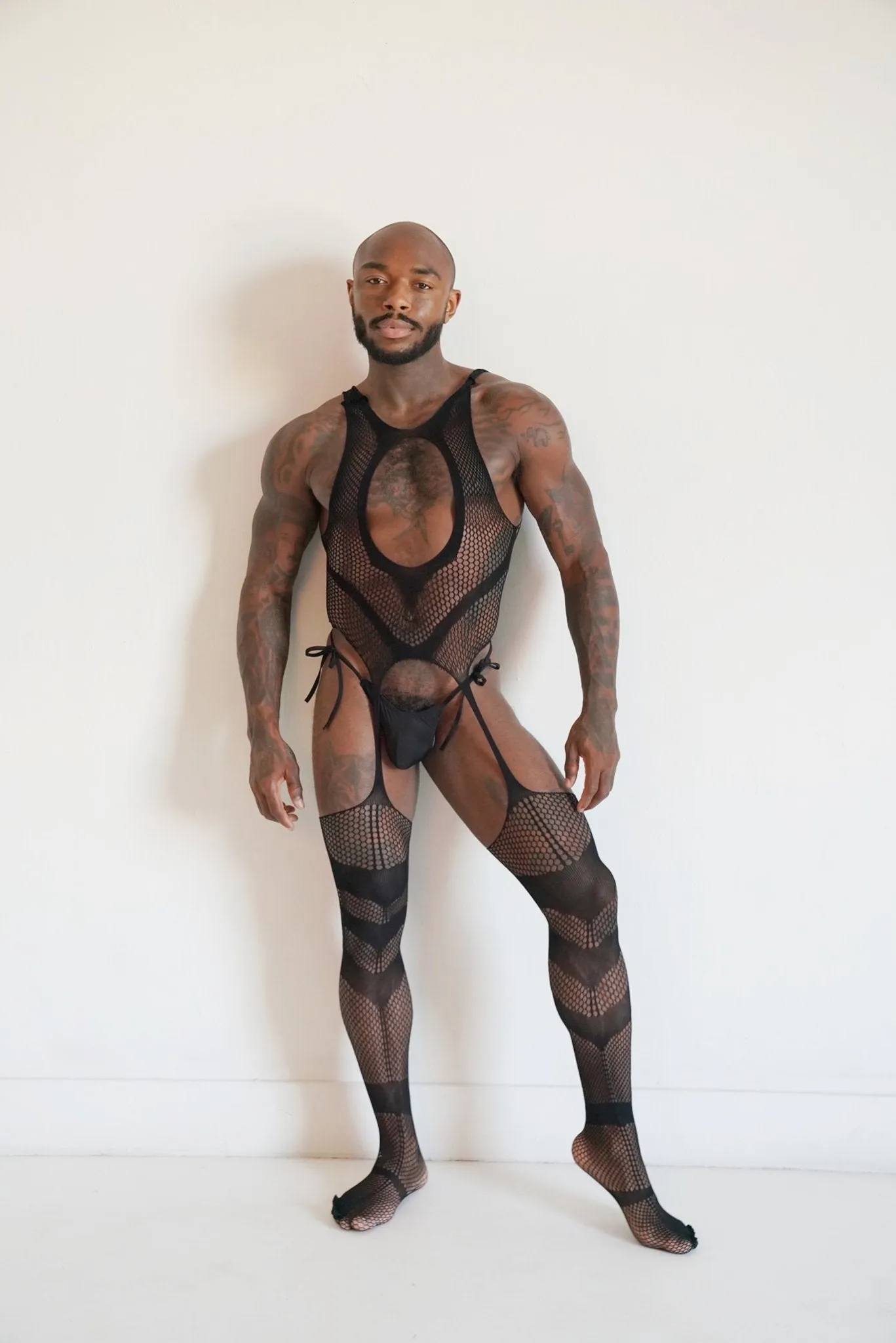 Men's Black Hollow V Fishnet Mesh See-through Bodysuit Stretchable