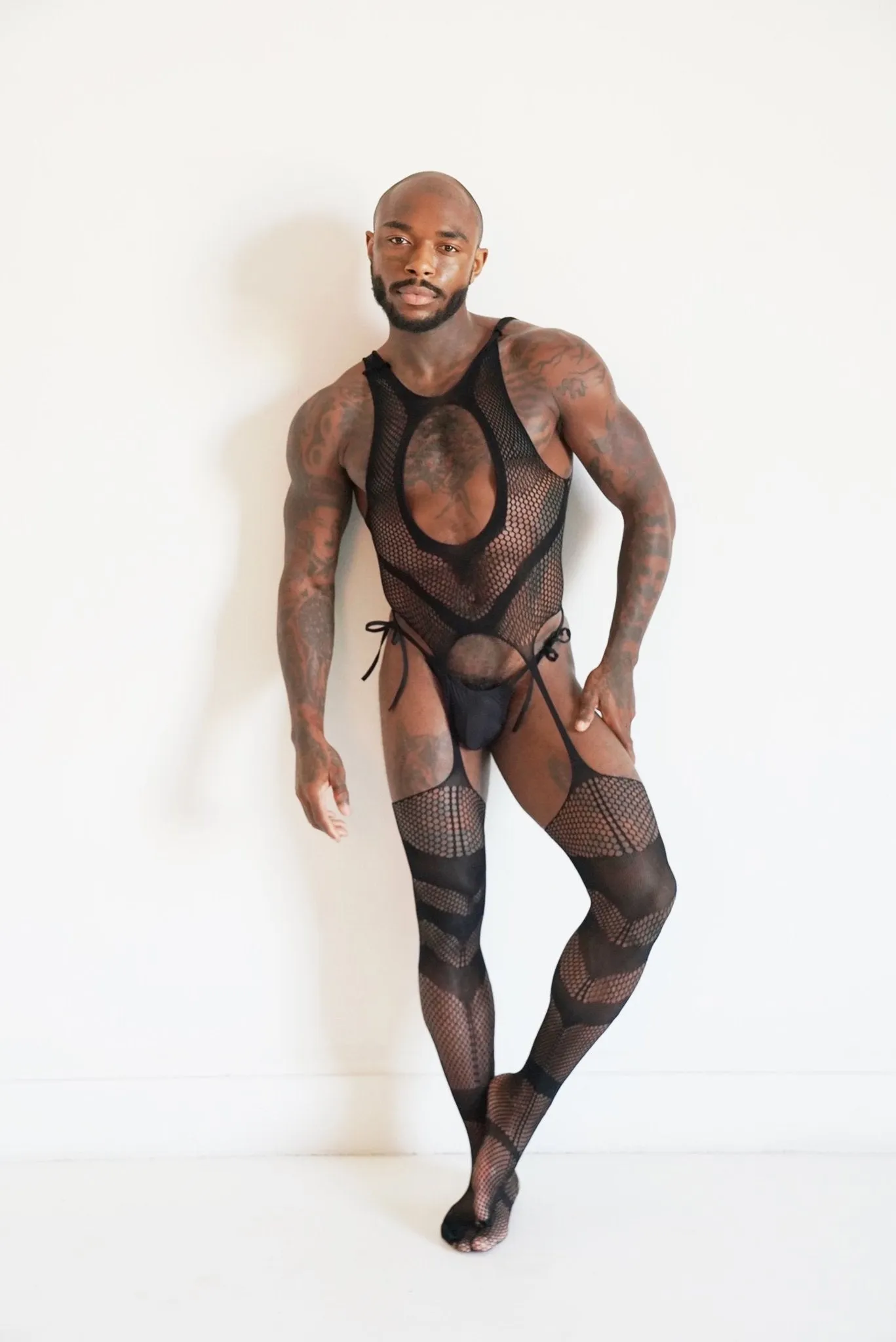 Men's Black Hollow V Fishnet Mesh See-through Bodysuit Stretchable