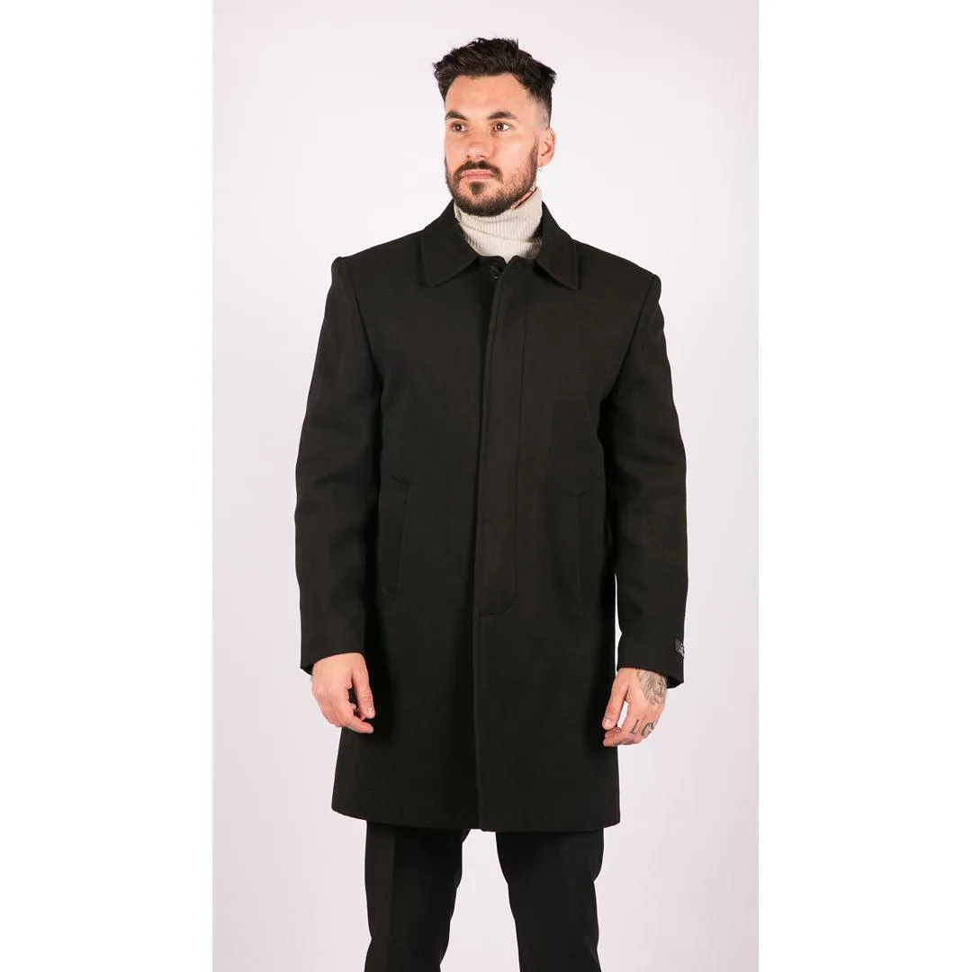 Mens Black Wool Overcoat Jacket Smart Formal 3/4 Trench Retro Vintage 1920s