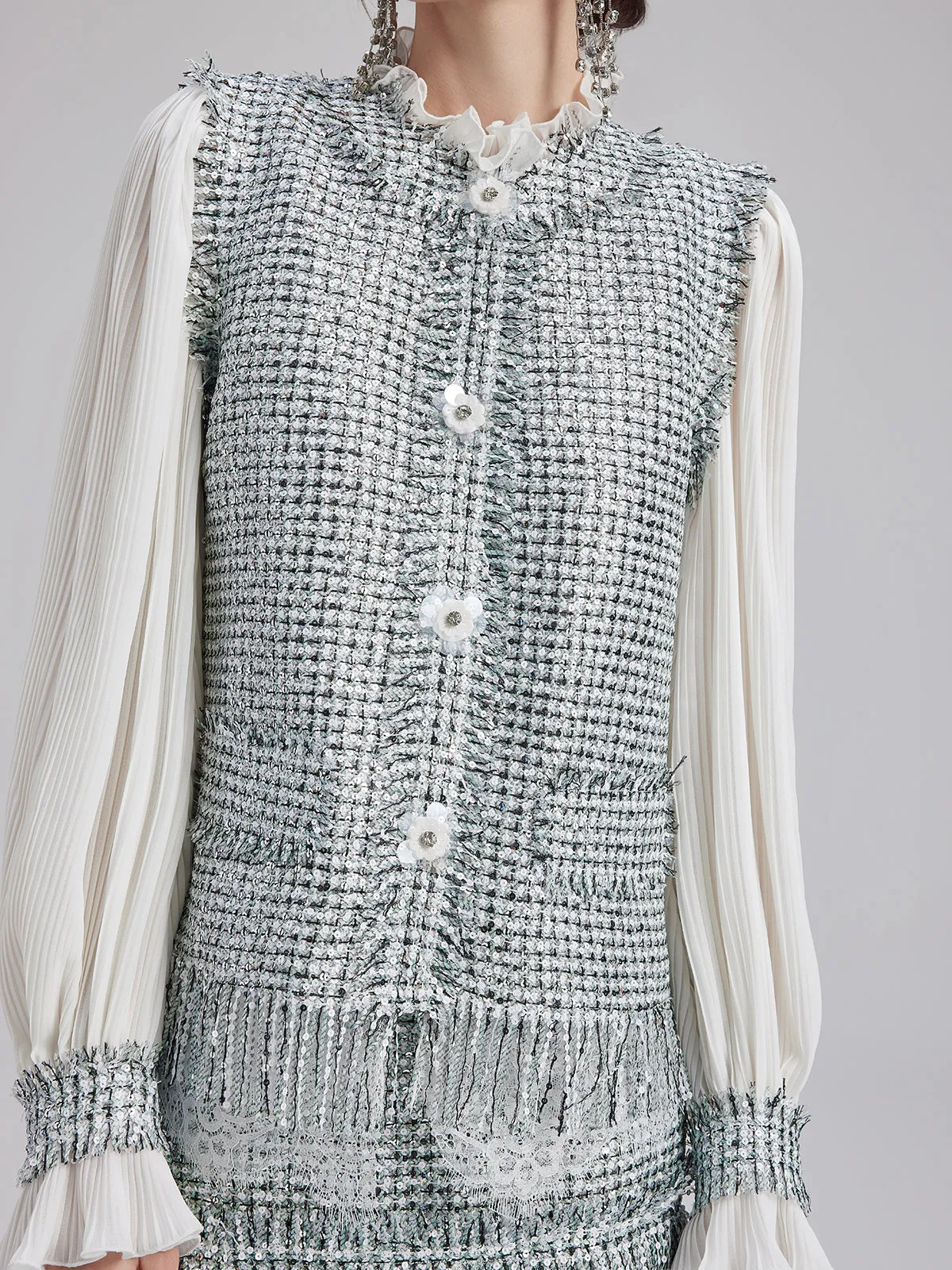 Minimalist Sequin Tweed Vest Patchwork Coat