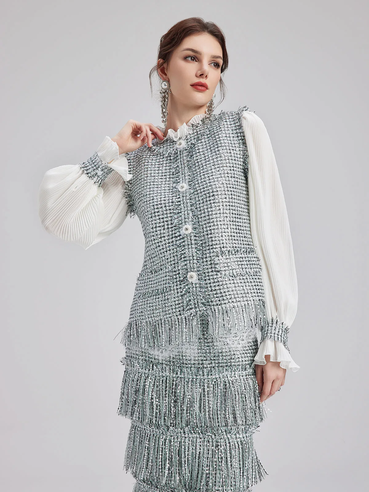 Minimalist Sequin Tweed Vest Patchwork Coat