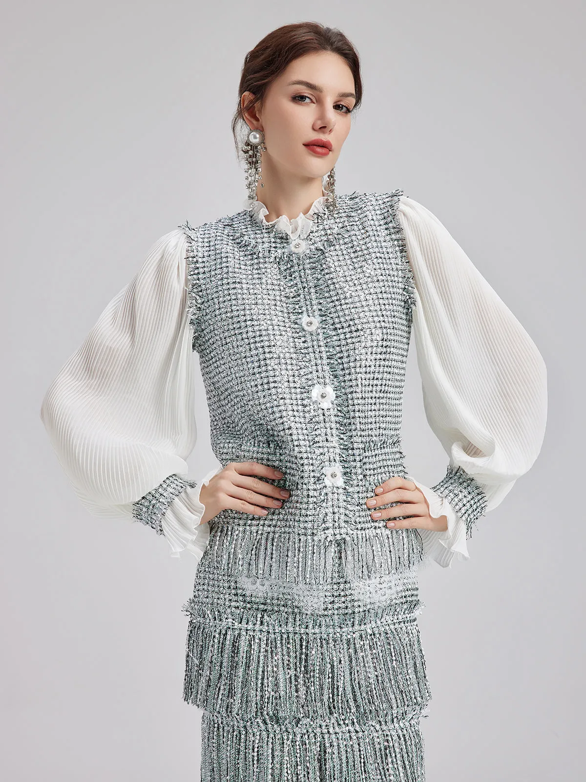 Minimalist Sequin Tweed Vest Patchwork Coat