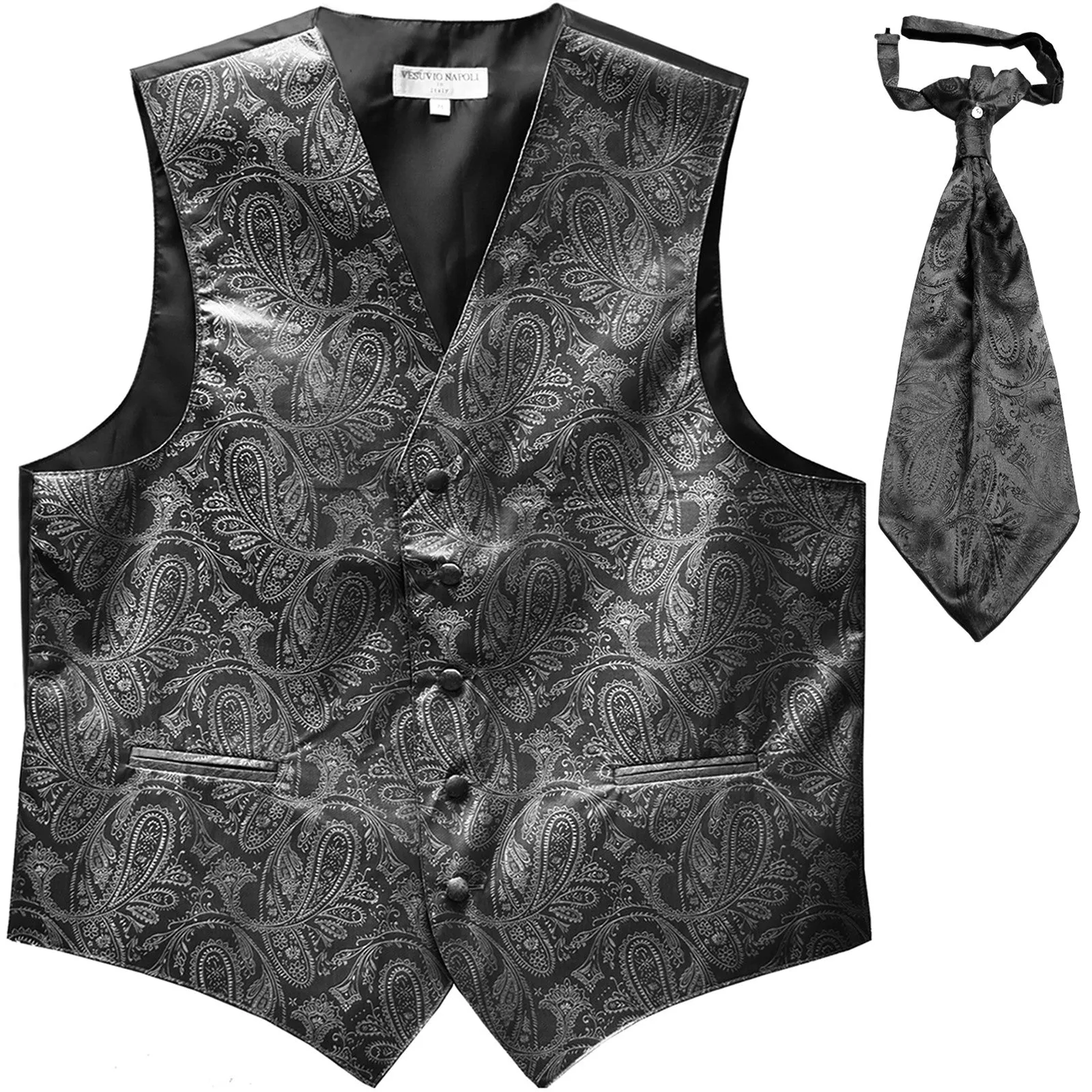 New Men's Formal Vest Tuxedo Waistcoat_ascot necktie paisley pattern prom dark gray