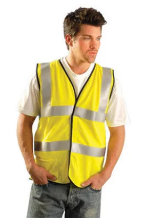 OccuNomix Large Hi-Viz Yellow OccuLux Premium Flame Resistant Modacrylic Mesh Class 2 Dual Stripe Vest With Front Hook And Loop Closure, 3M Scotchlite 2" Silver Reflective Tape,