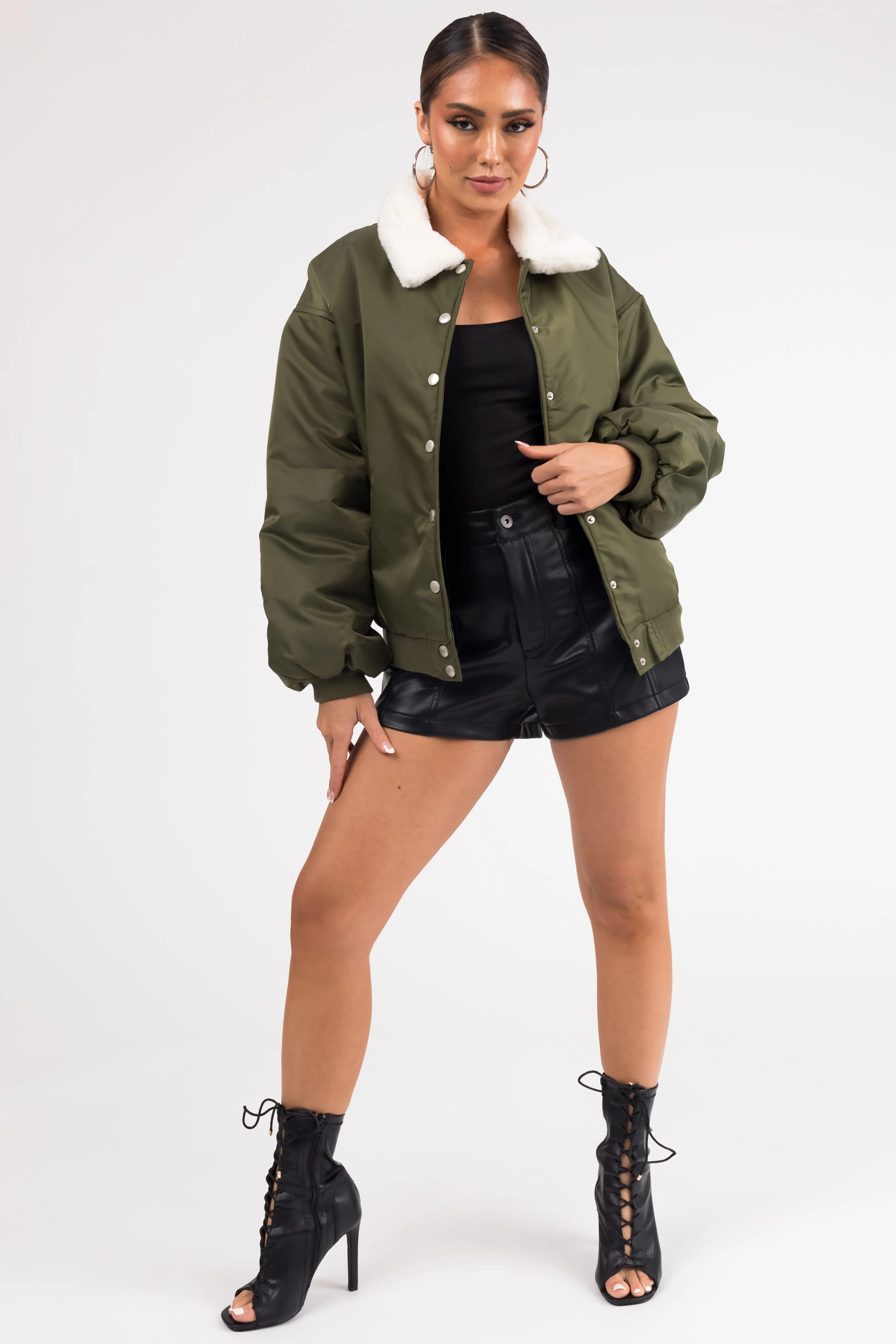 Olive Button Down Faux Fur Collar Bomber Jacket