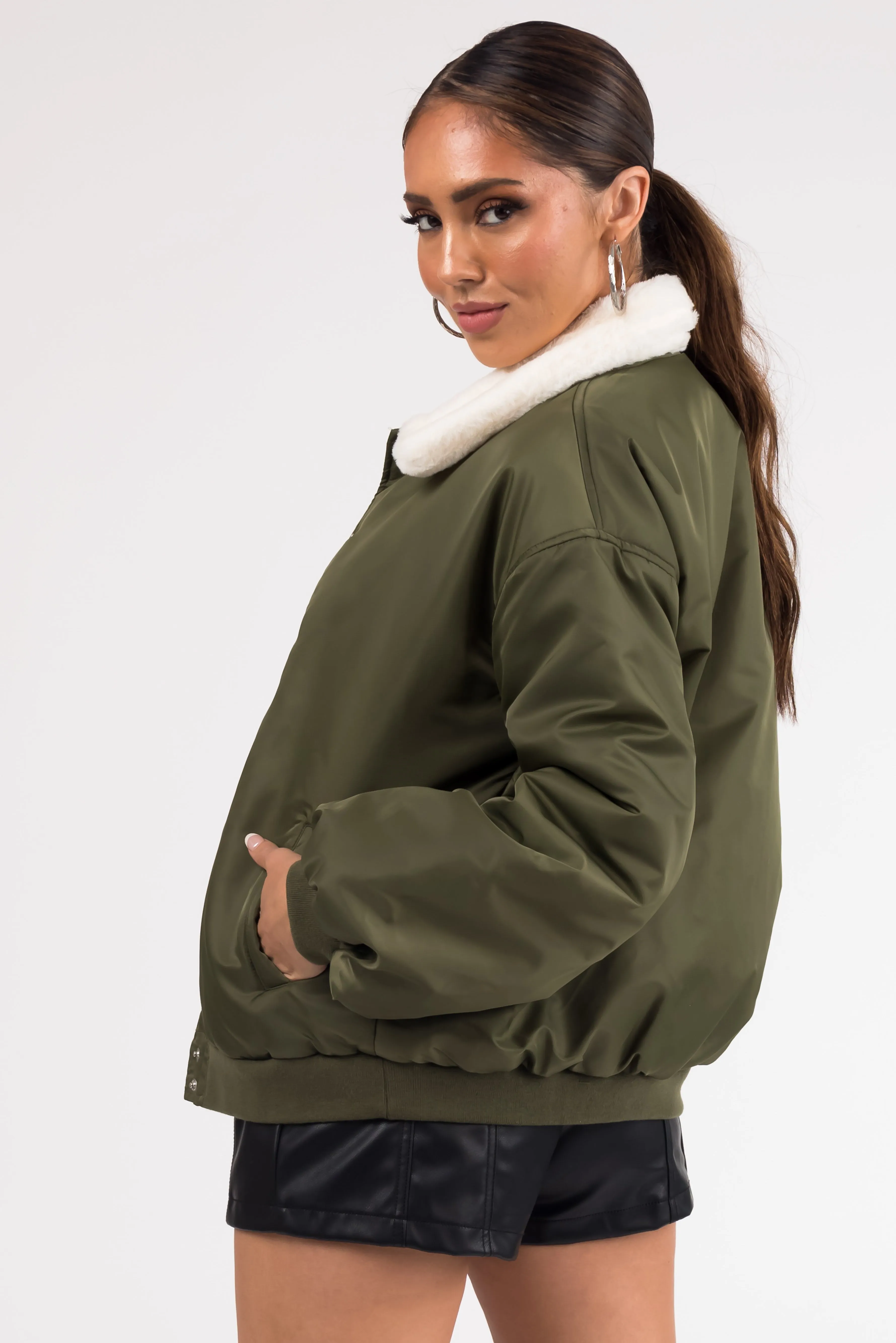 Olive Button Down Faux Fur Collar Bomber Jacket