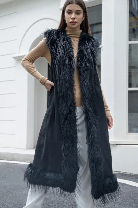 P6160 Shaggy Faux Fur Trim Long Vest