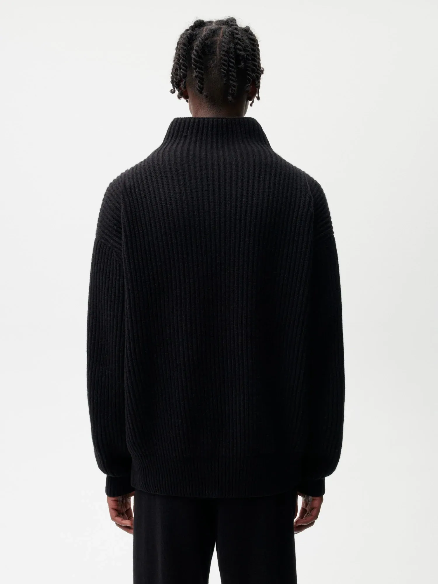 Recycled Cashmere Funnel-Neck Sweater—black