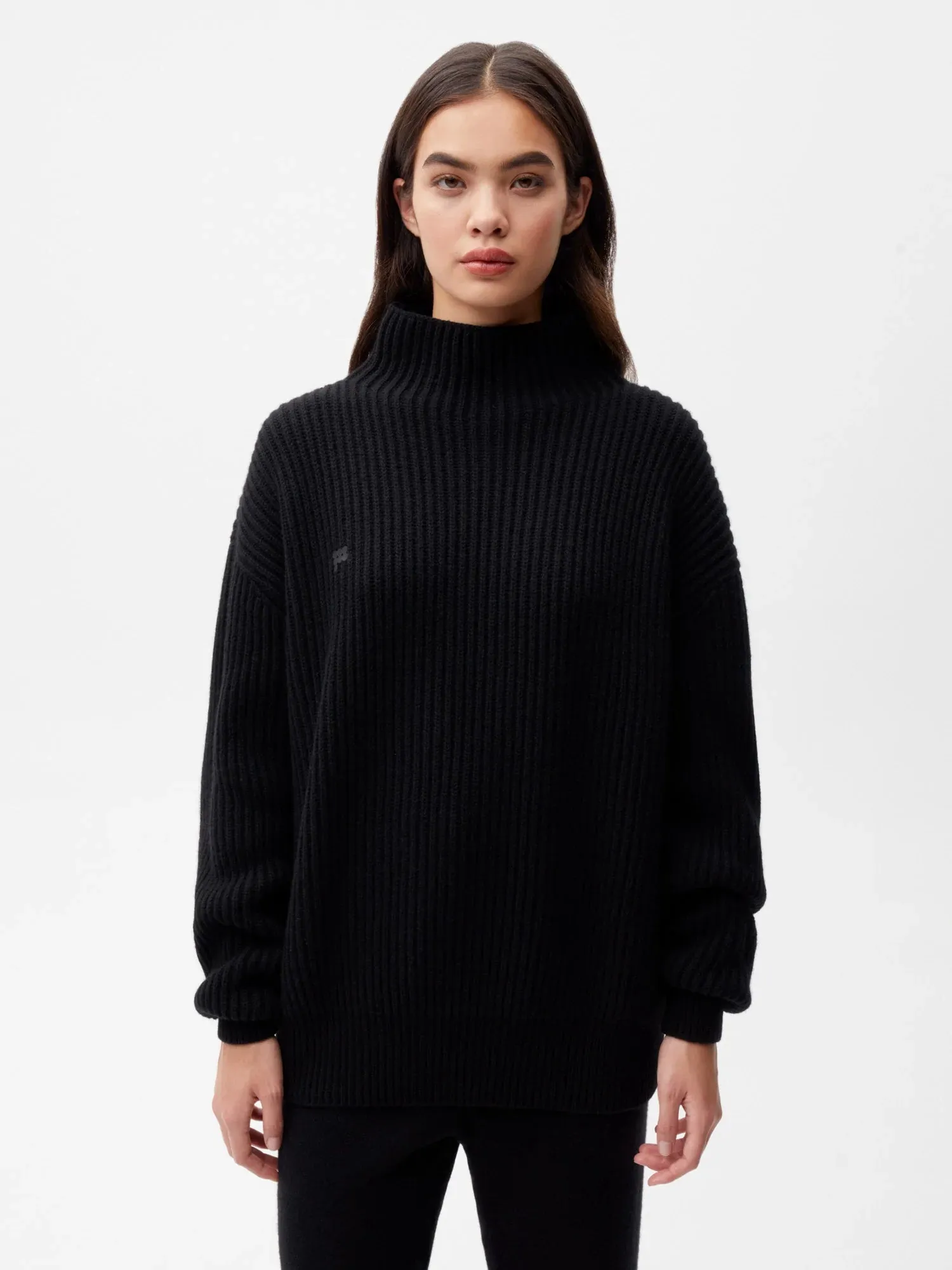 Recycled Cashmere Funnel-Neck Sweater—black