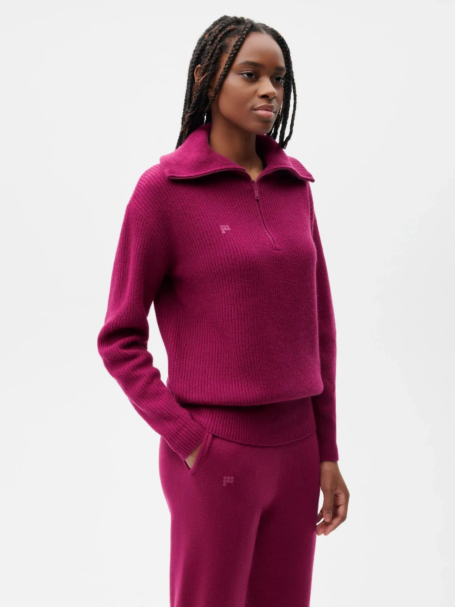 Recycled Cashmere Half Zip Sweater—plum purple