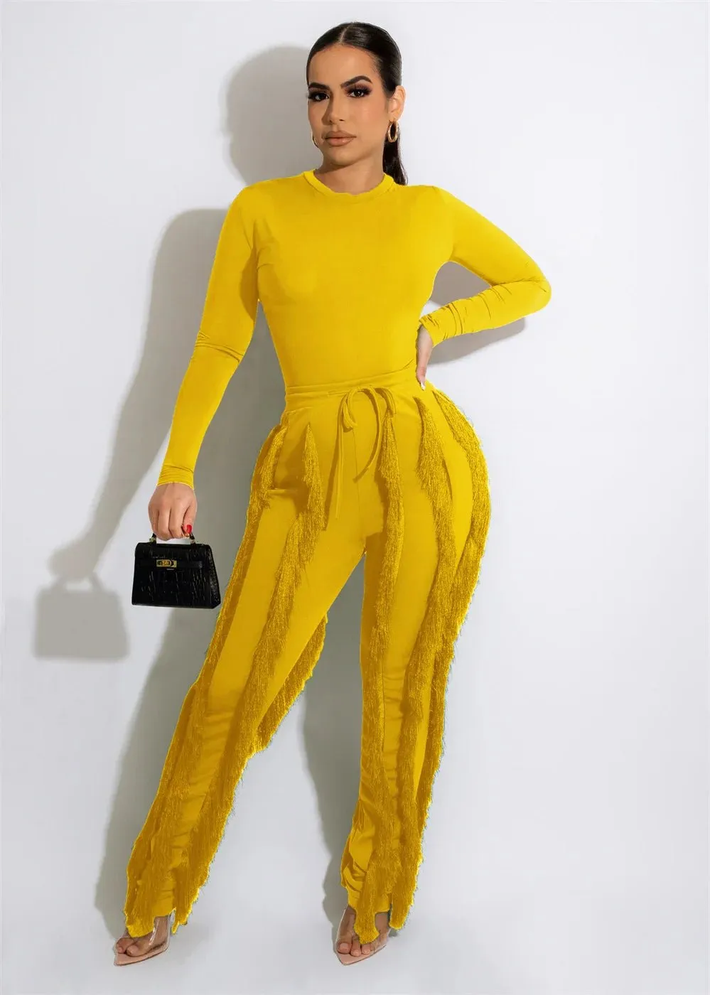 RQR Long Sleeve Bodysuit Tassel Pant Set