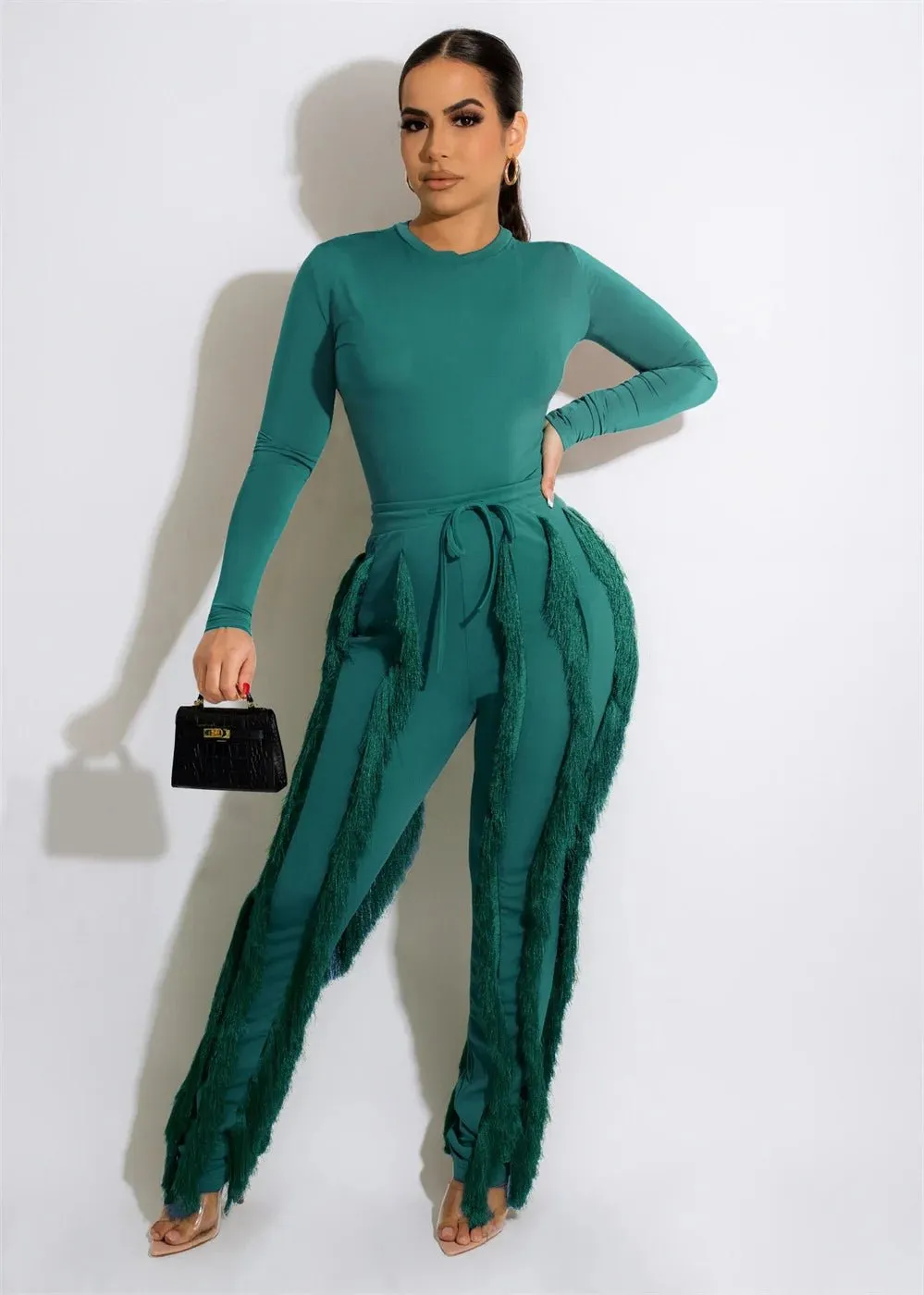 RQR Long Sleeve Bodysuit Tassel Pant Set