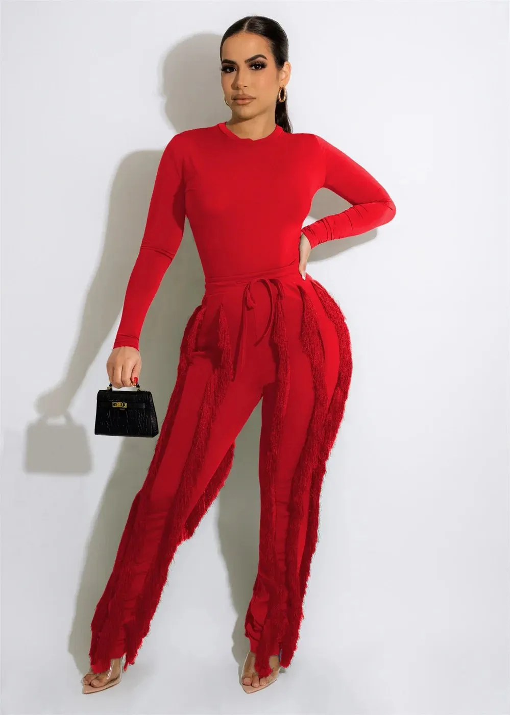 RQR Long Sleeve Bodysuit Tassel Pant Set