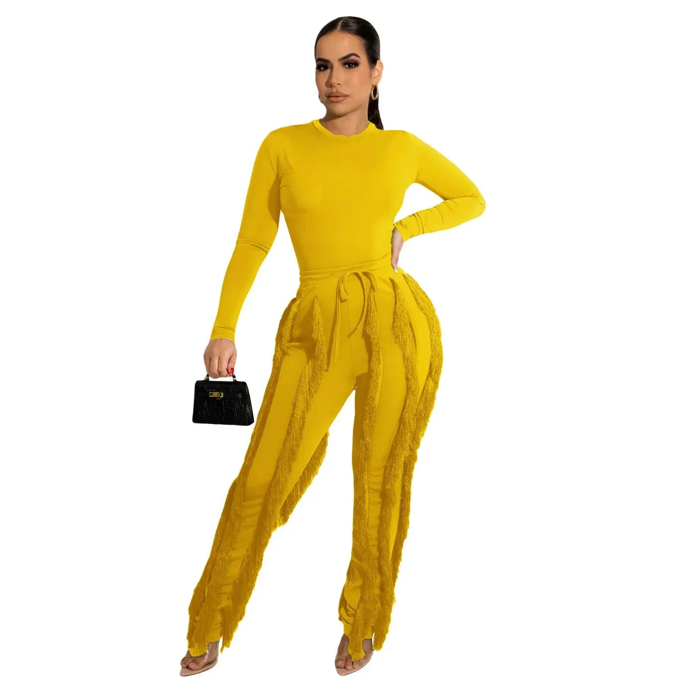 RQR Long Sleeve Bodysuit Tassel Pant Set