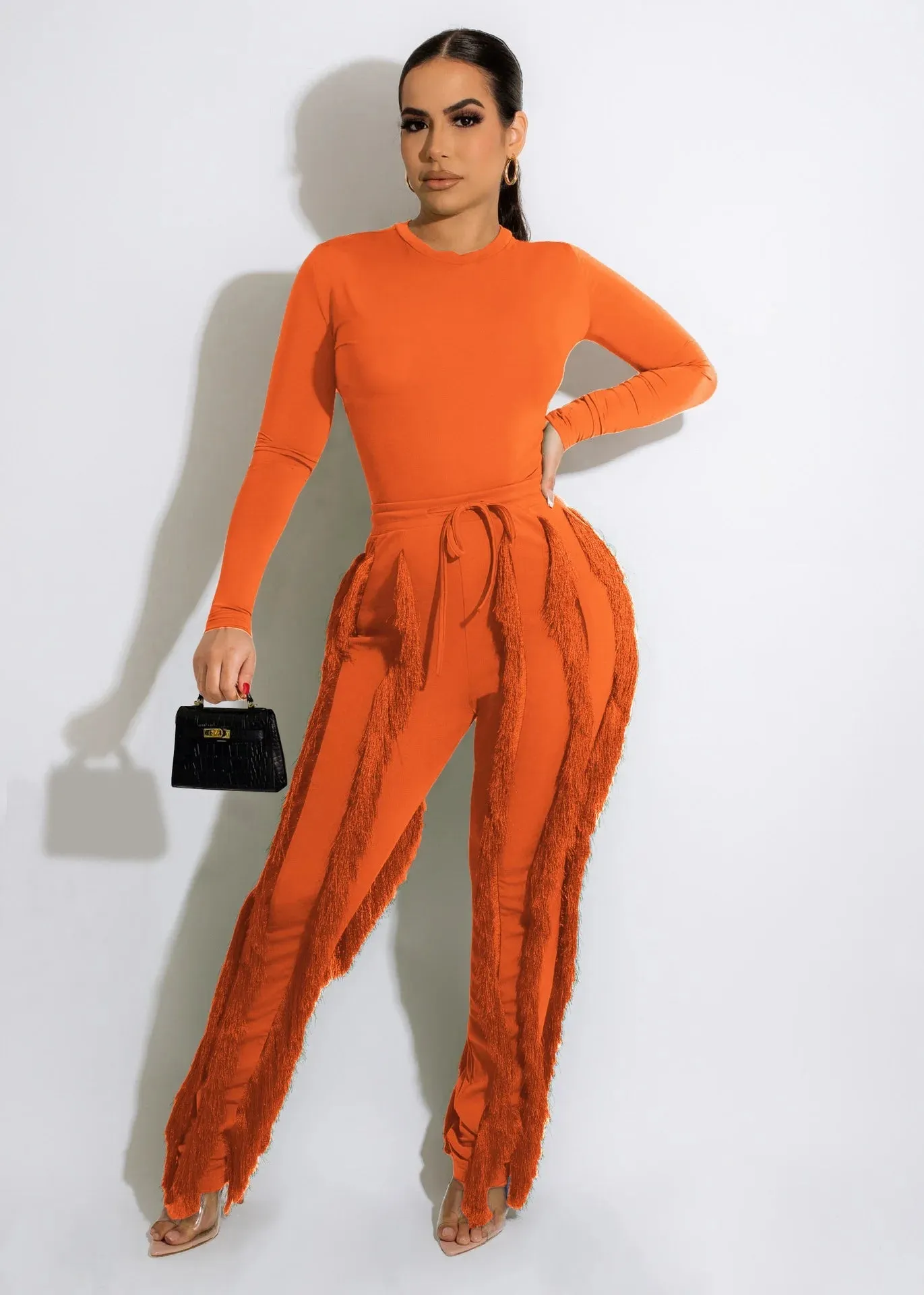 RQR Long Sleeve Bodysuit Tassel Pant Set