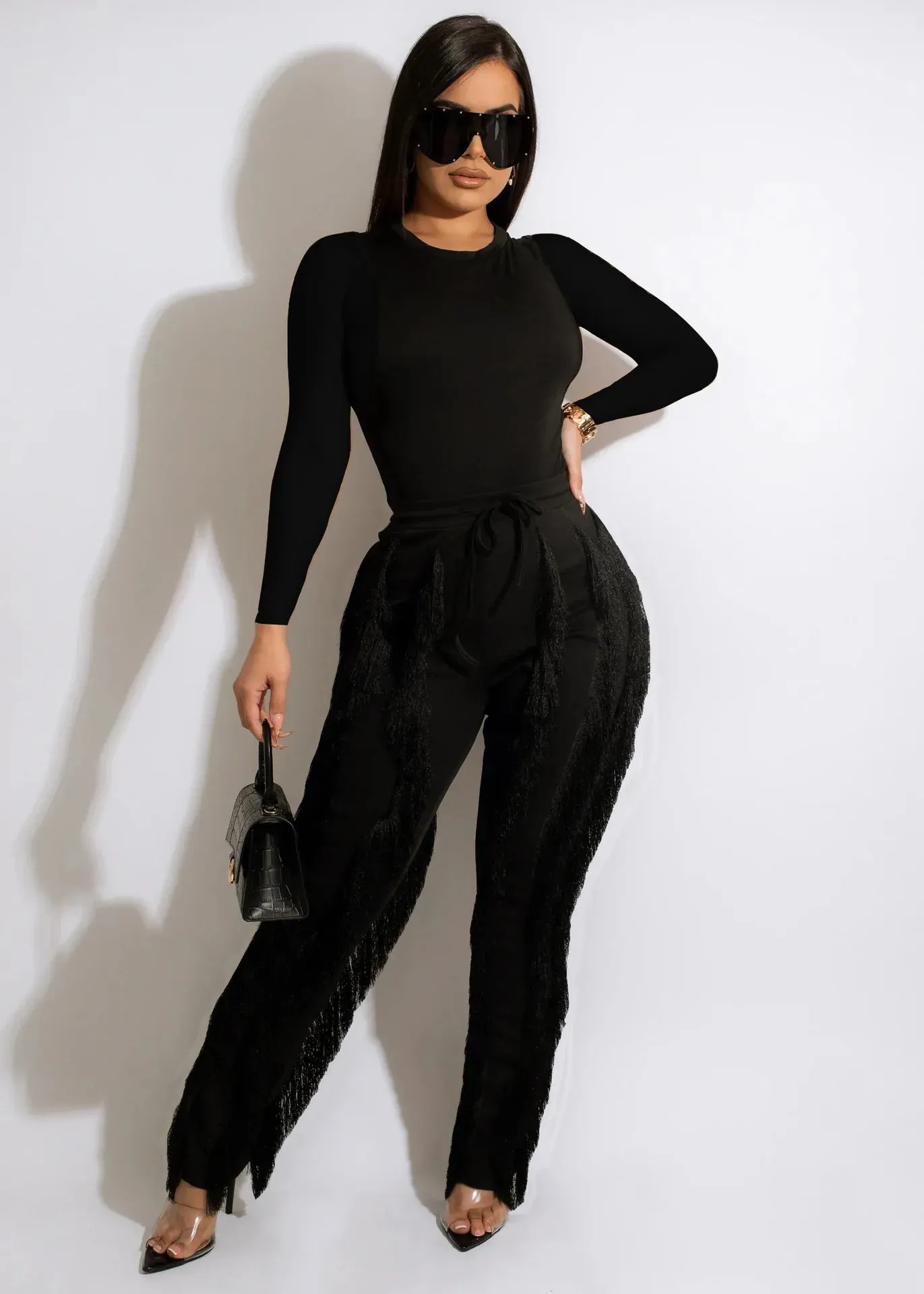 RQR Long Sleeve Bodysuit Tassel Pant Set