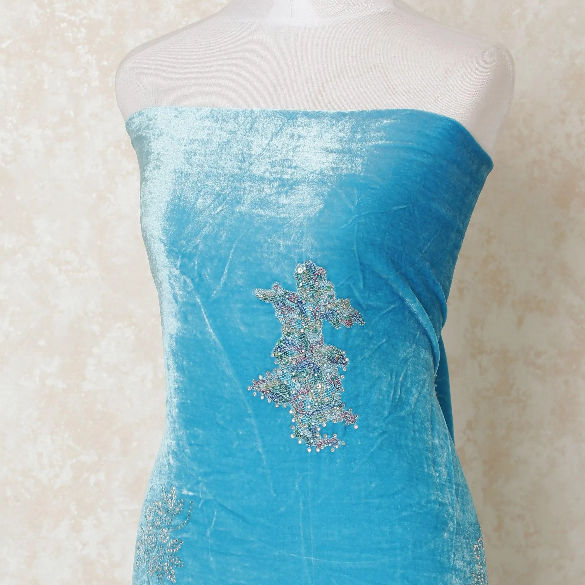 Sky blue Italian silk blended velvet fabric with multicolor border embroidery having stone work in floral design-D13911