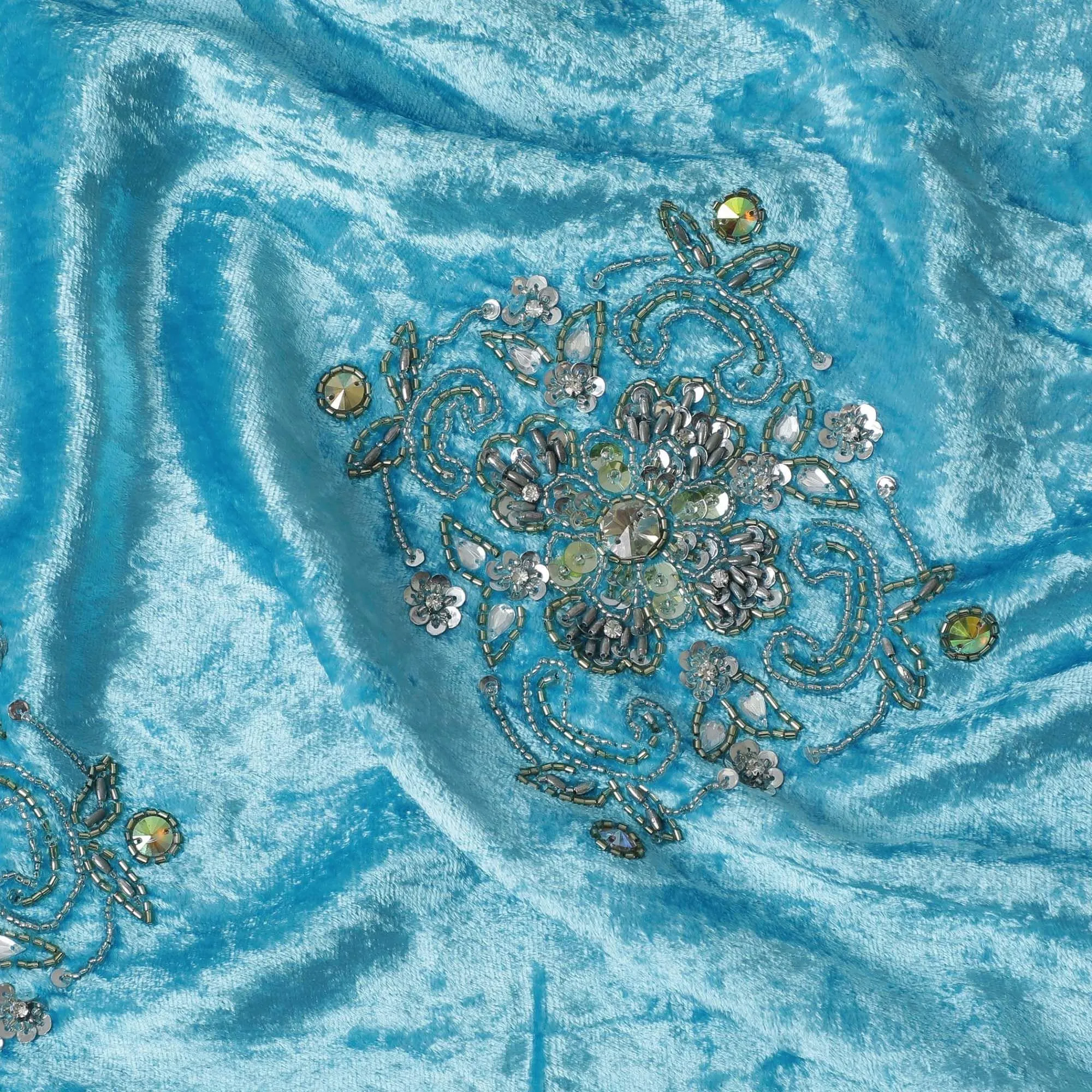 Sky blue silk blended velvet fabric with bead work and stone work in floral design-D15197