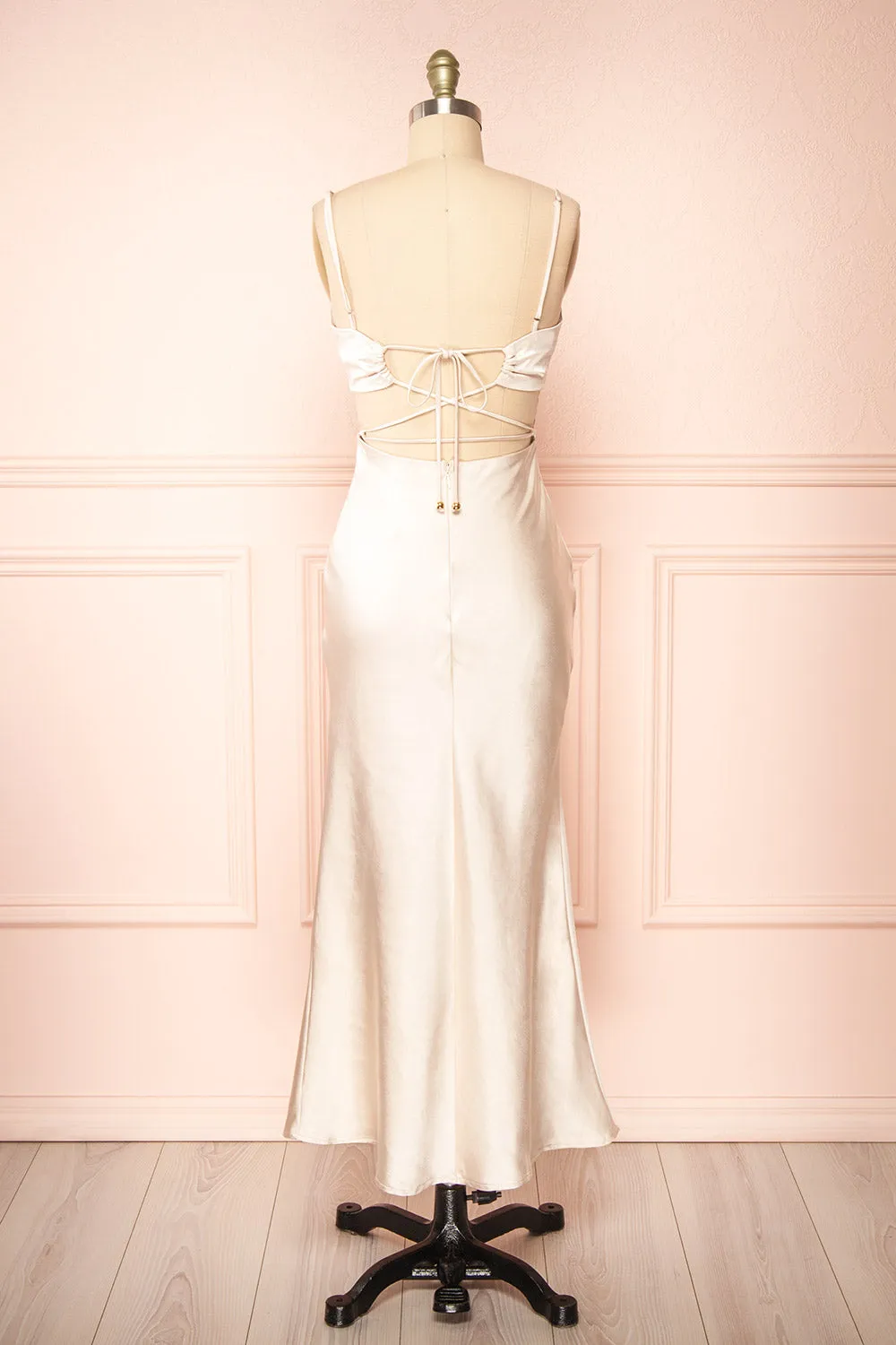 Stevie Champagne | Open-Back Satin Midi Dress