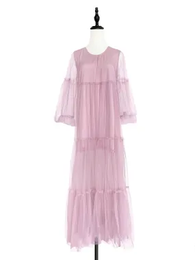 Surprise Sale! Pinky Balloon Sleeve Tiered Ruffle Tulle Maxi Dress