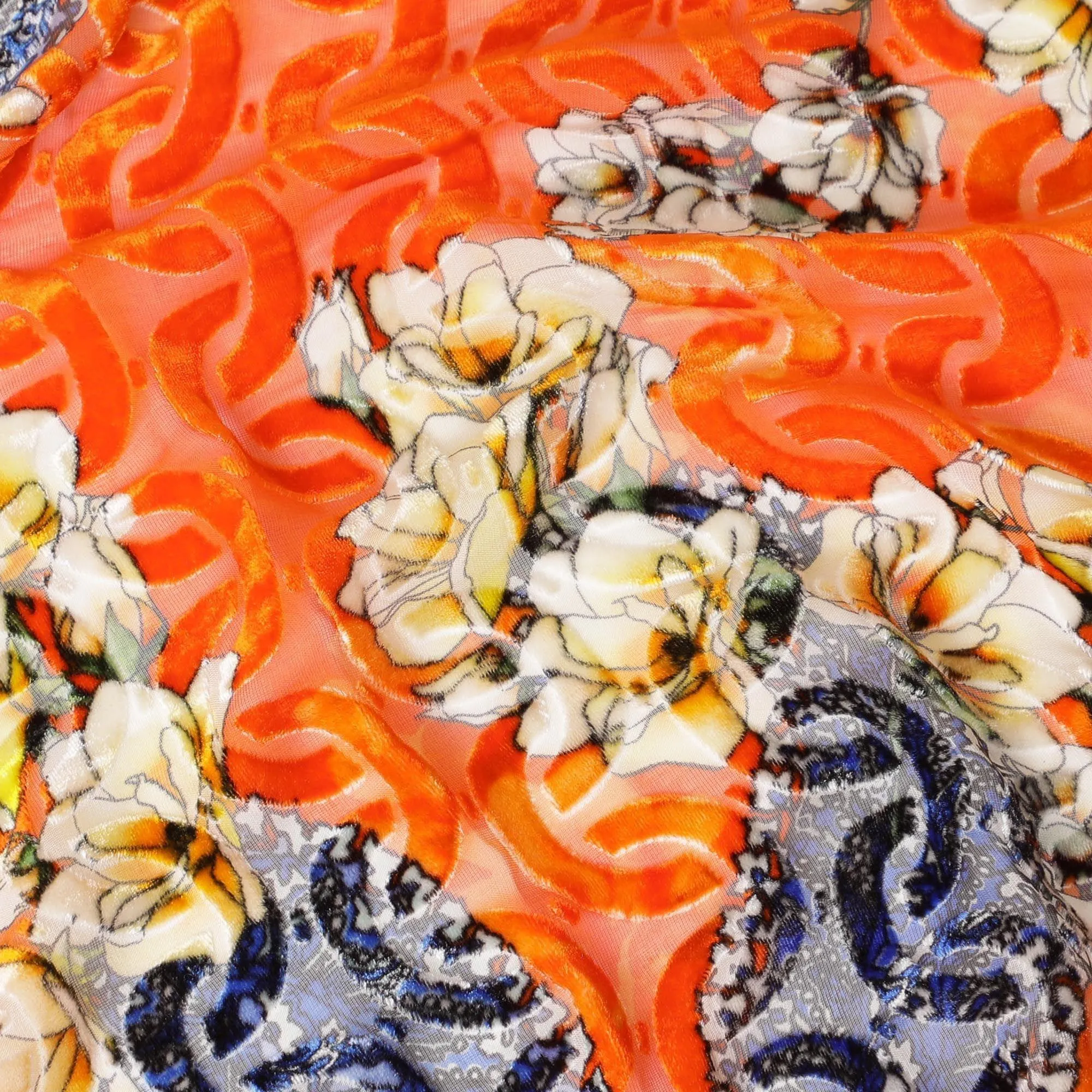 Tangerine orange Premium Italian silk chiffon dirac (makmal) fabric with same tone velvet jacquard having multicolor print in fancy design-D8694