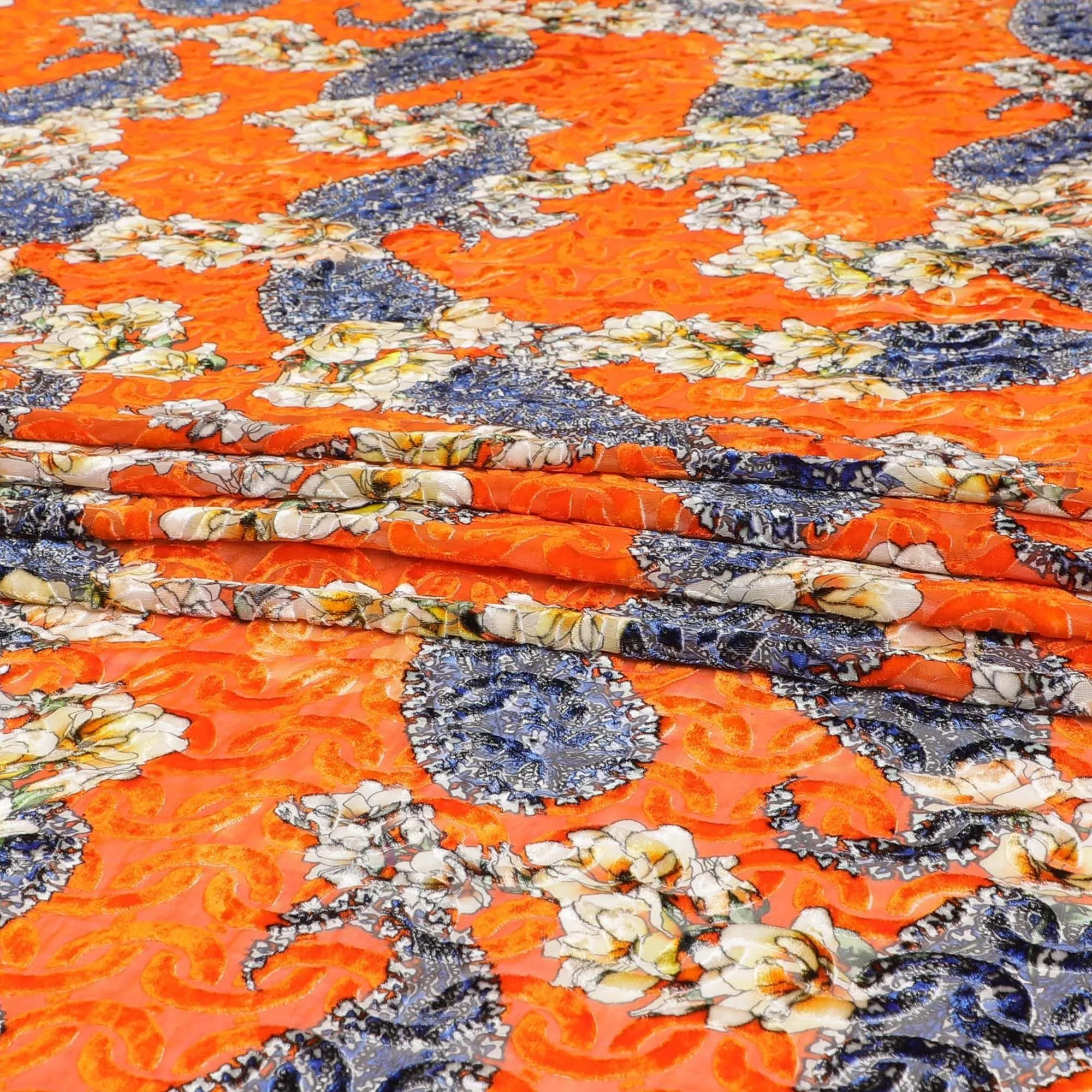 Tangerine orange Premium Italian silk chiffon dirac (makmal) fabric with same tone velvet jacquard having multicolor print in fancy design-D8694